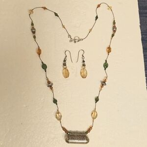 SET: Green & Yellow Beaded Pendant Necklace & Earrings Set
